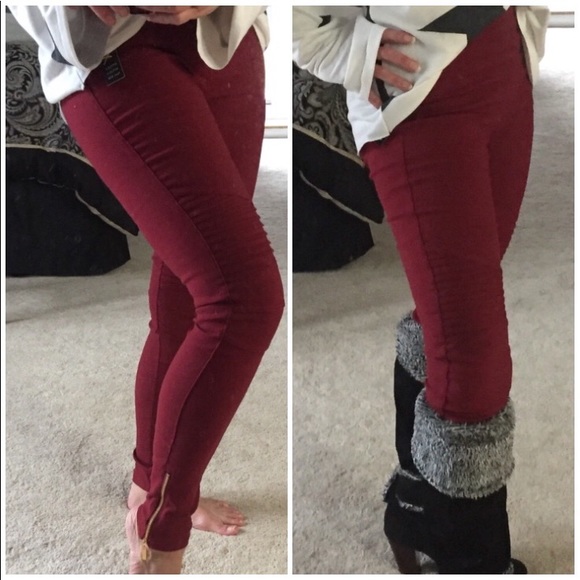 Aluna Levi Pants - Moto Jegging Biker Pants-Burgundy